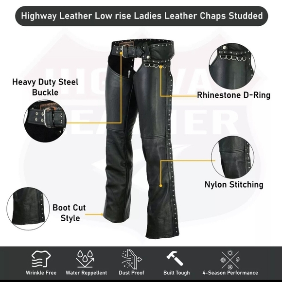 Highway Leather Black Low rise Motorcycle Leather Chaps Studded Biker Size M - Picture 16 of 17